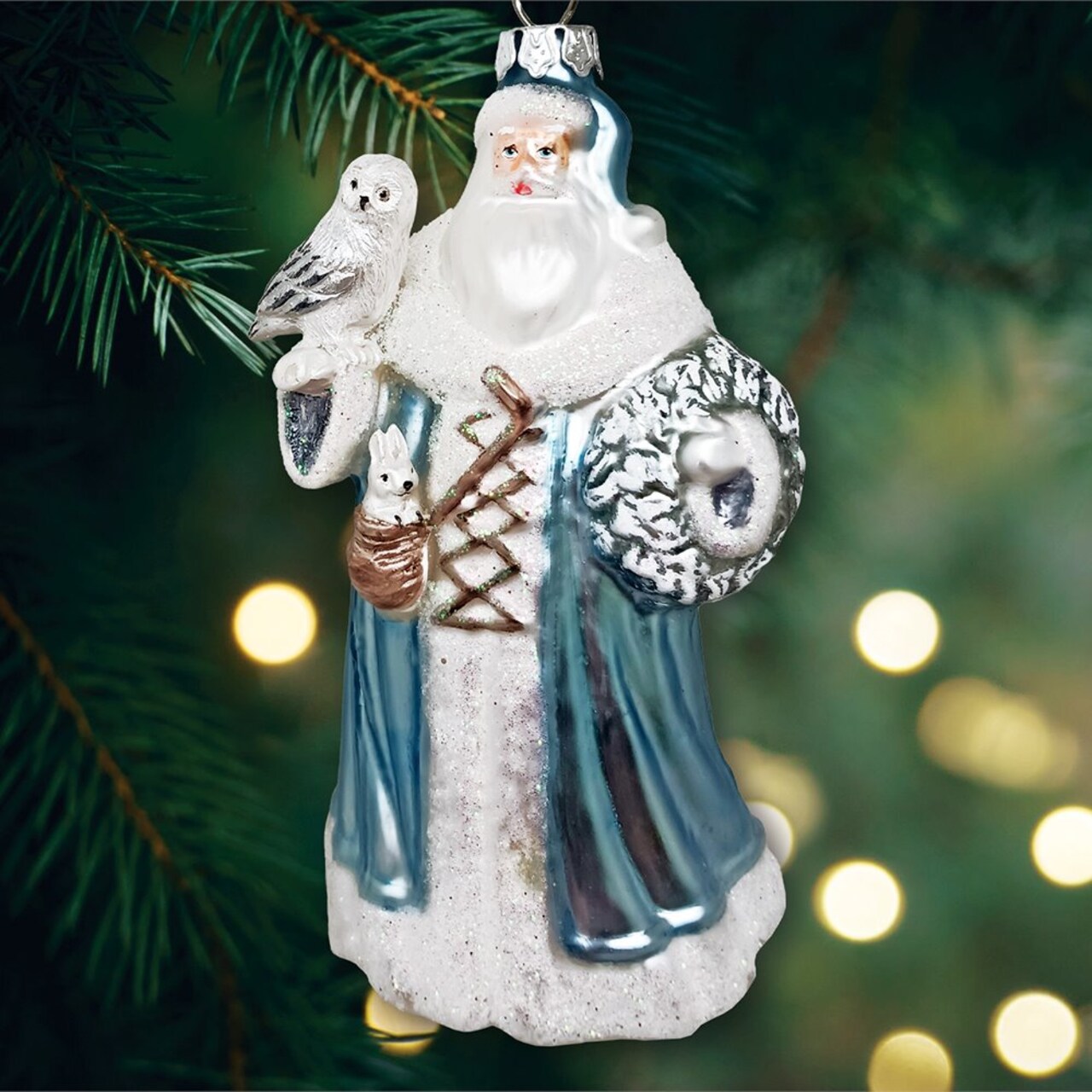 Arctic Whispers Santa Glass Christmas Ornament, Snowy Winter Theme with Light Blue Robe